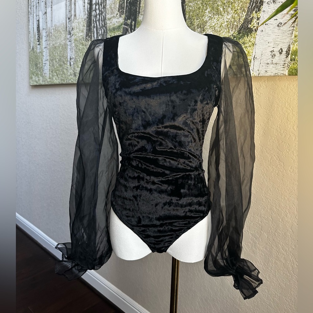 Hutch- XS- NWOT- Puff sleeve velvet body suit with chiffon sleeves
